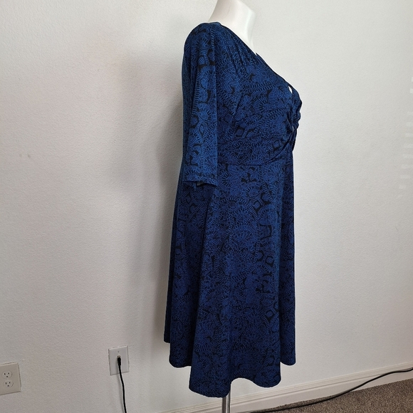 Lucie Lu Blue Black Sweetheart V-Neck Preppy Feminine Midi Dress Plus Size 2X - Picture 2 of 6